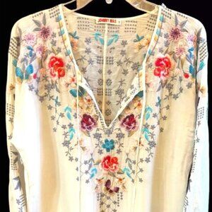 Johnny Was Top <flaw> Cream Floral  Embroidered Sheer Blouse Sz MED Ties at Neck